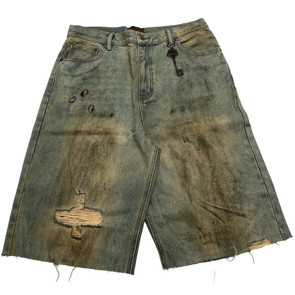 Birth of Royal Child Dirty-Washed Brushing Wax Denim Jorts in Blue - Picture 1 of 3